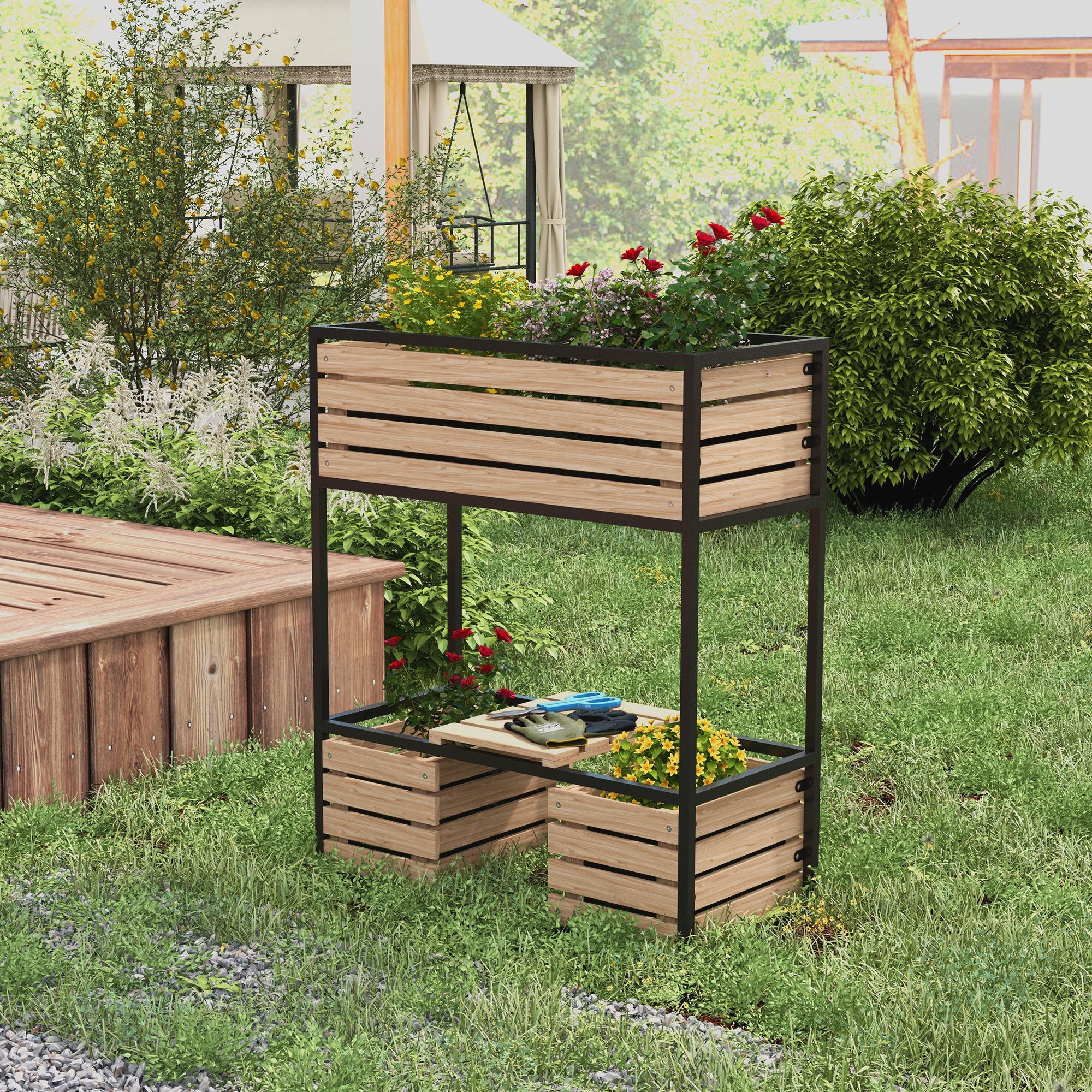Wooden Raised Bed, 2-Tier Planter with Shelf, Elevated Vegetable Bed with Inner Fleece, Herb Bed for Garden, Balcony, Light Brown, 83 x 39 x 100 cm