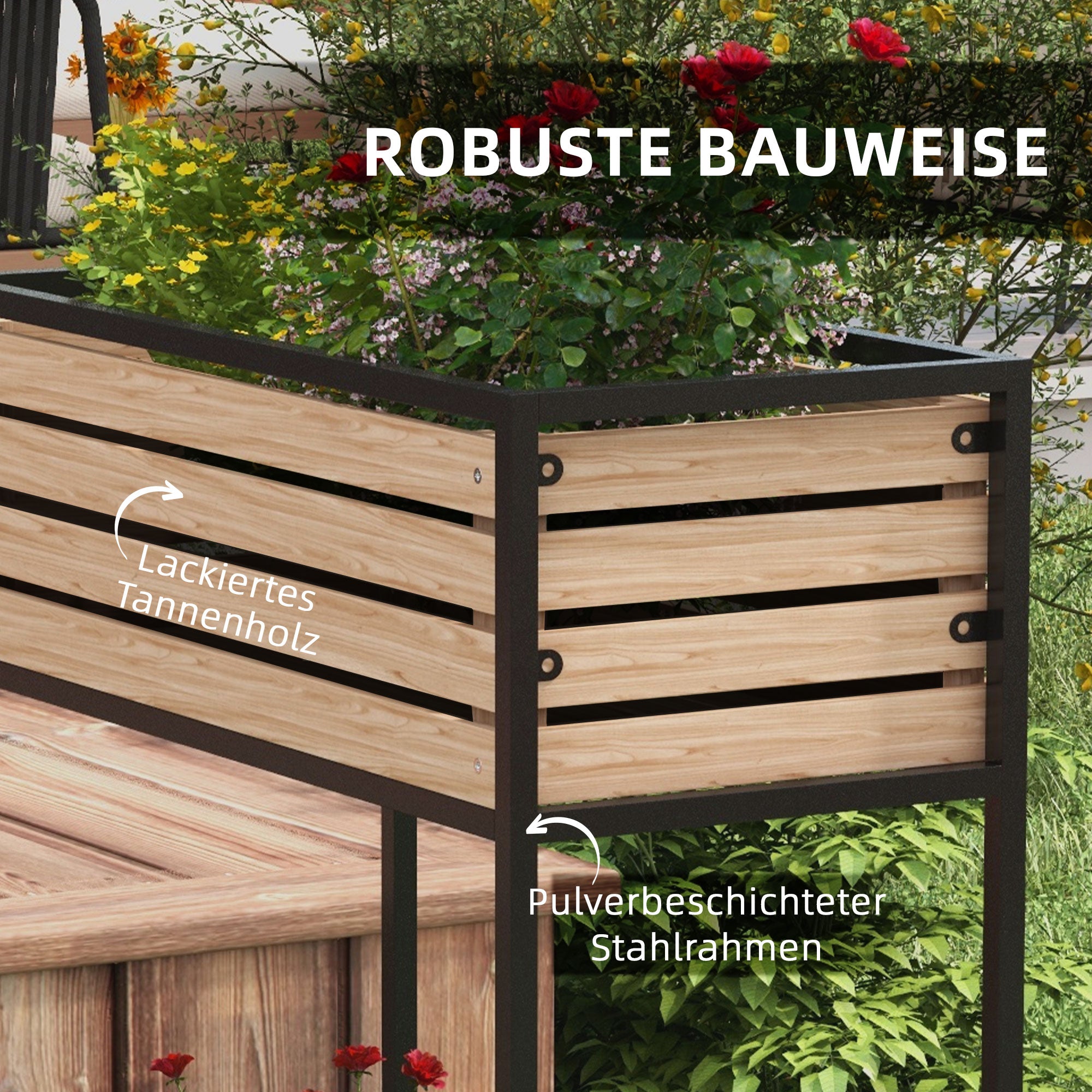 Wooden Raised Bed, 2-Tier Planter with Shelf, Elevated Vegetable Bed with Inner Fleece, Herb Bed for Garden, Balcony, Light Brown, 83 x 39 x 100 cm