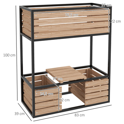 Wooden Raised Bed, 2-Tier Planter with Shelf, Elevated Vegetable Bed with Inner Fleece, Herb Bed for Garden, Balcony, Light Brown, 83 x 39 x 100 cm