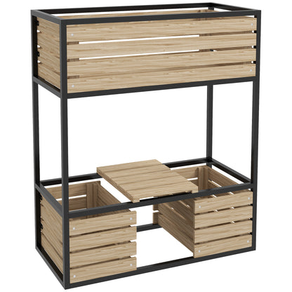 Wooden Raised Bed, 2-Tier Planter with Shelf, Elevated Vegetable Bed with Inner Fleece, Herb Bed for Garden, Balcony, Light Brown, 83 x 39 x 100 cm