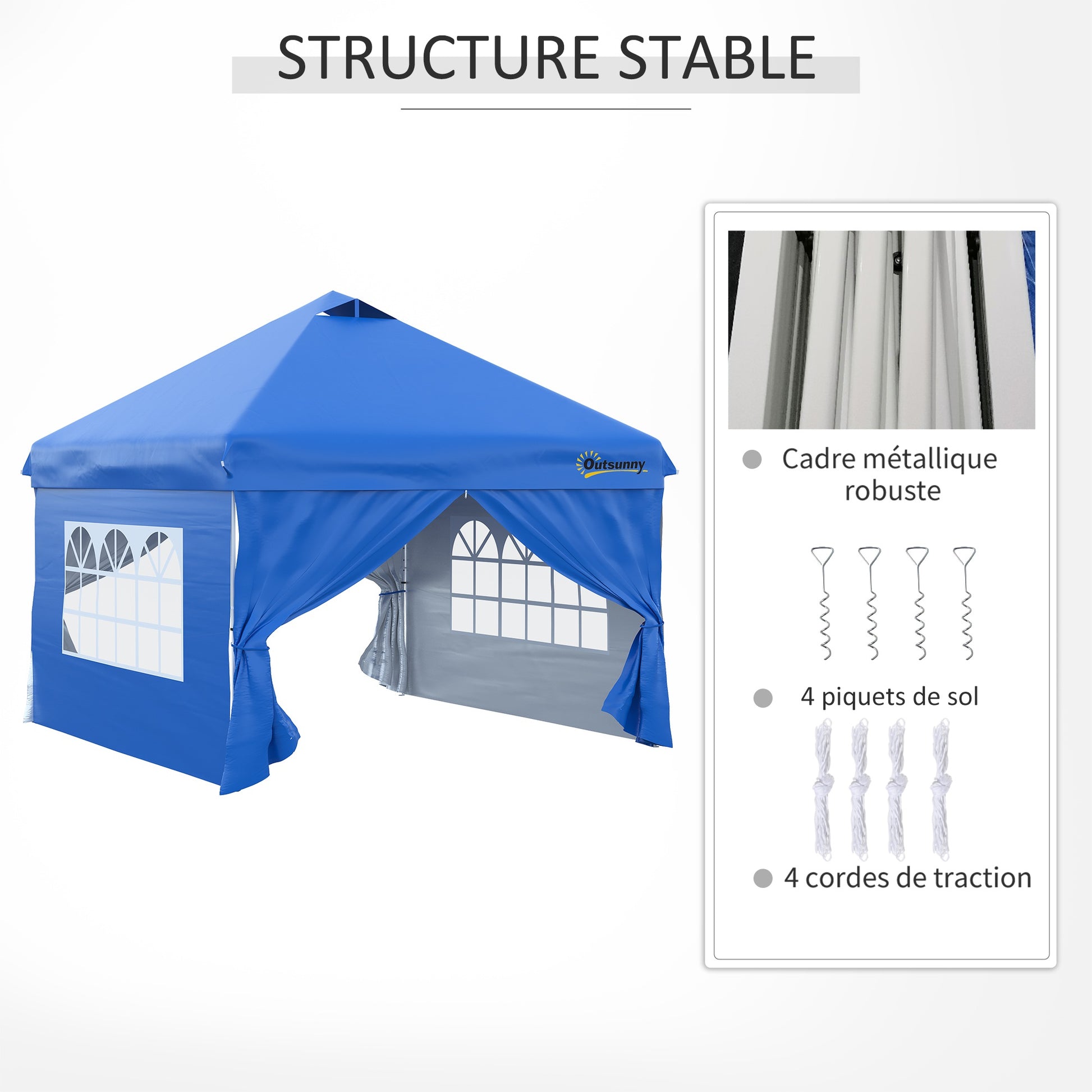 Pop-up Garden Gazebo Tent 3x3m Adjustable Height 3 Levels with 4 Removable Side Walls, Windows, Rolling Carry Bag - Blue