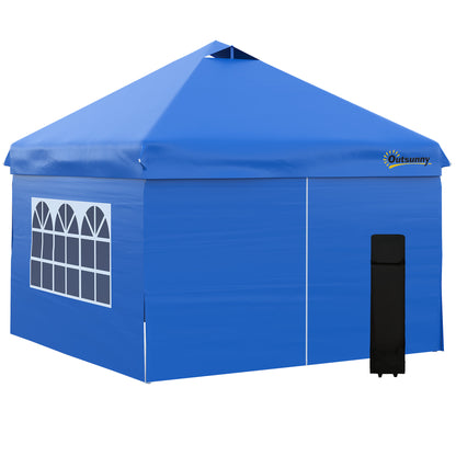Pop-up Garden Gazebo Tent 3x3m Adjustable Height 3 Levels with 4 Removable Side Walls, Windows, Rolling Carry Bag - Blue