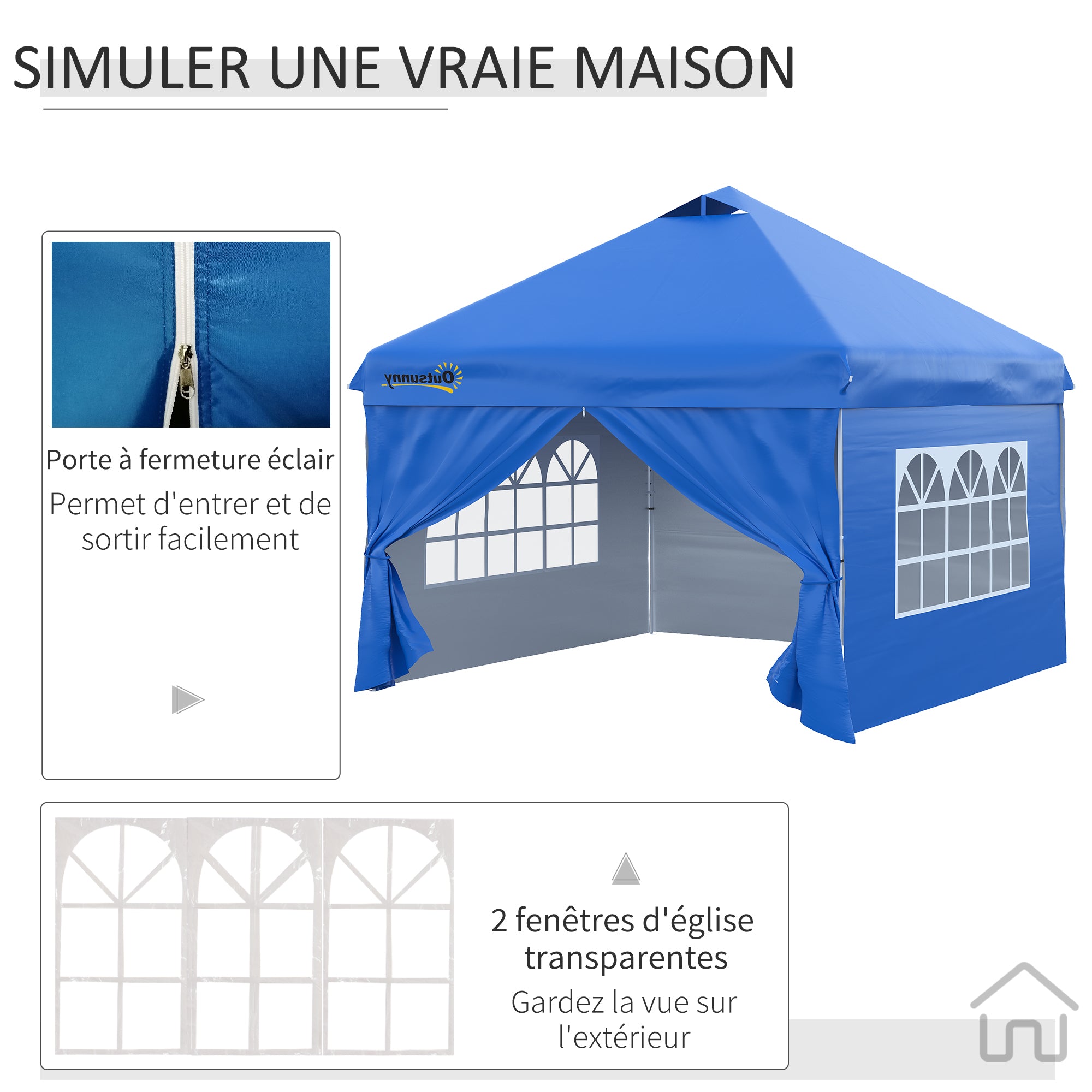 Pop-up Garden Gazebo Tent 3x3m Adjustable Height 3 Levels with 4 Removable Side Walls, Windows, Rolling Carry Bag - Blue