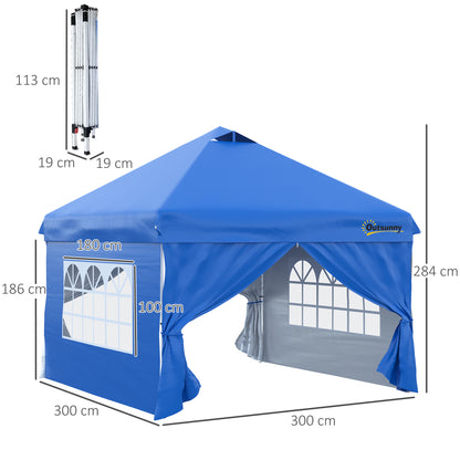 Pop-up Garden Gazebo Tent 3x3m Adjustable Height 3 Levels with 4 Removable Side Walls, Windows, Rolling Carry Bag - Blue