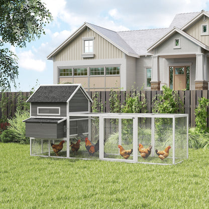 Large Outdoor Wooden Chicken Coop with 2 Nesting Boxes, Run, Asphalt Roof, Removable Tray & Ramp — Raised House for 8–10 Hens or Rabbits, 347 x 160 x 150 cm (136.6 x 63.0 x 59.1 in), Dark Gray