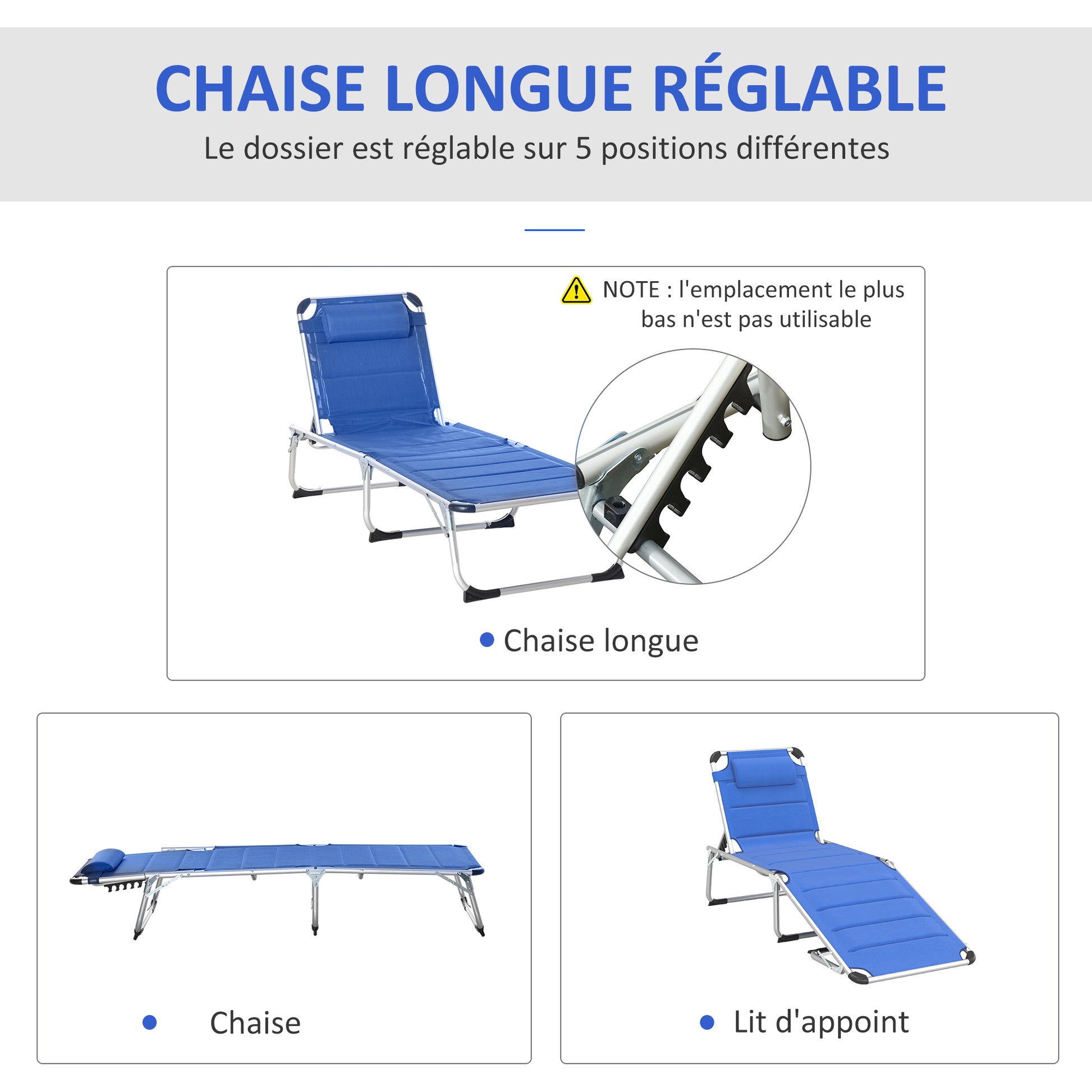 Foldable Sun Lounger with Adjustable Reclining Backrest, Quilting, Removable Headrest Aluminum Textilene Blue