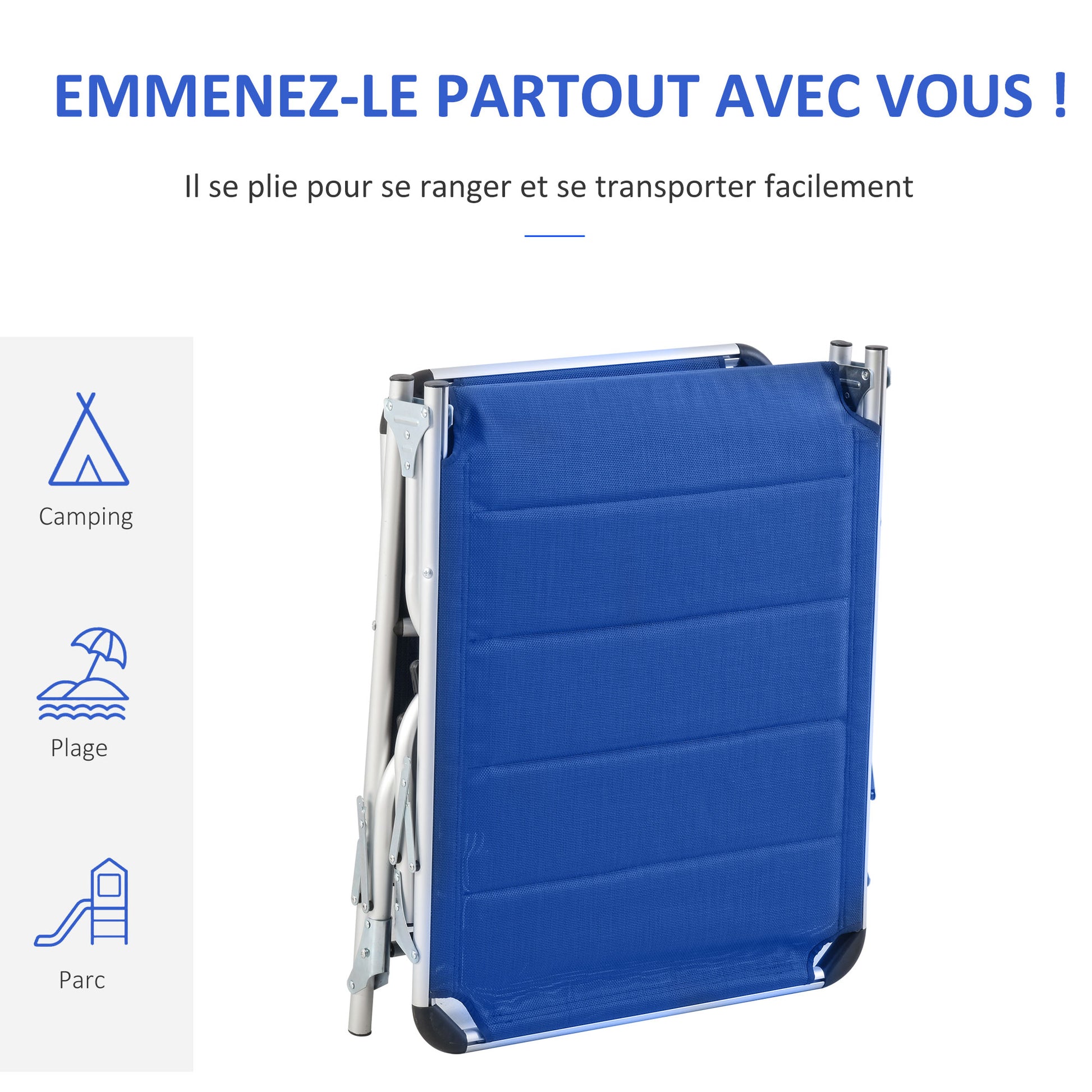 Foldable Sun Lounger with Adjustable Reclining Backrest, Quilting, Removable Headrest Aluminum Textilene Blue