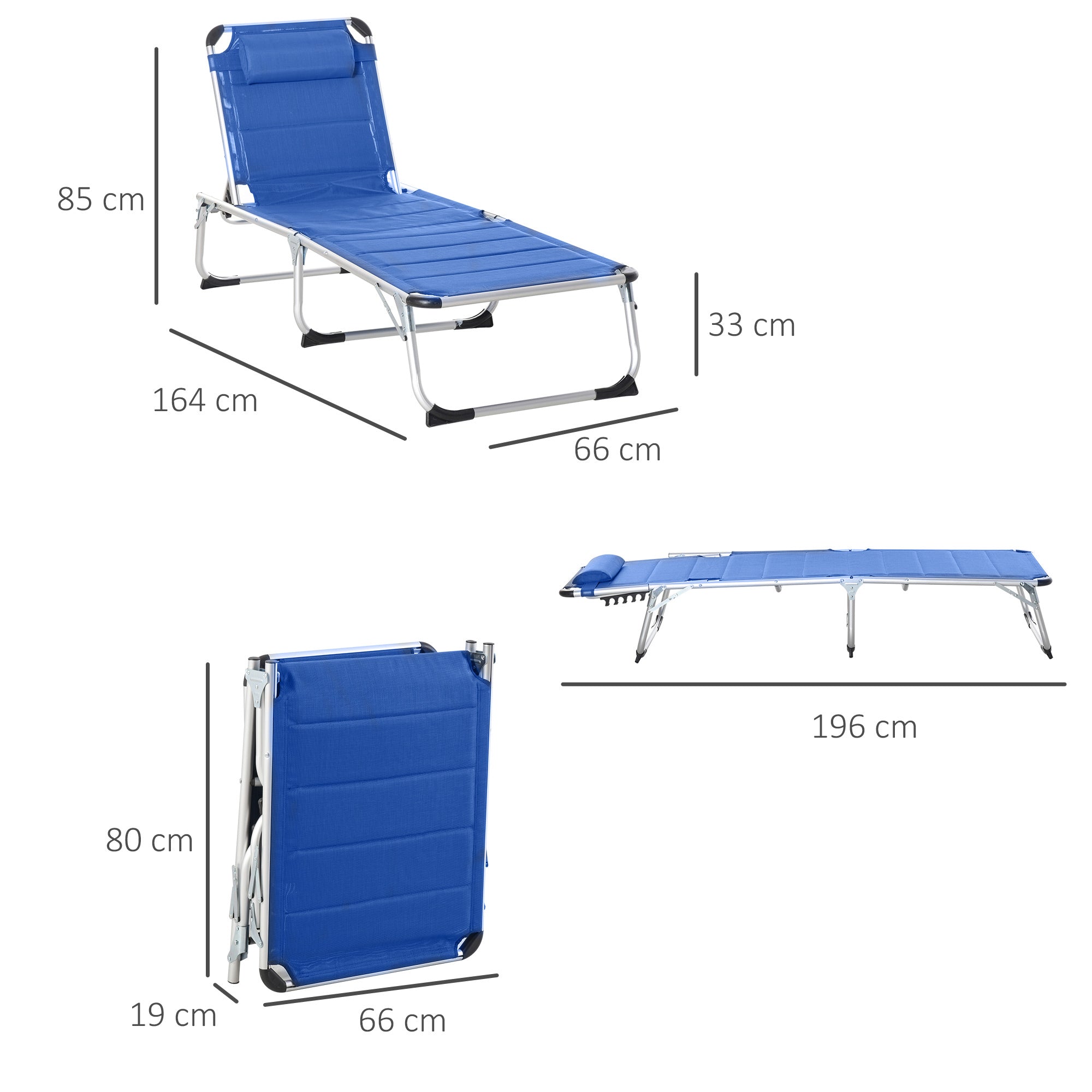 Foldable Sun Lounger with Adjustable Reclining Backrest, Quilting, Removable Headrest Aluminum Textilene Blue