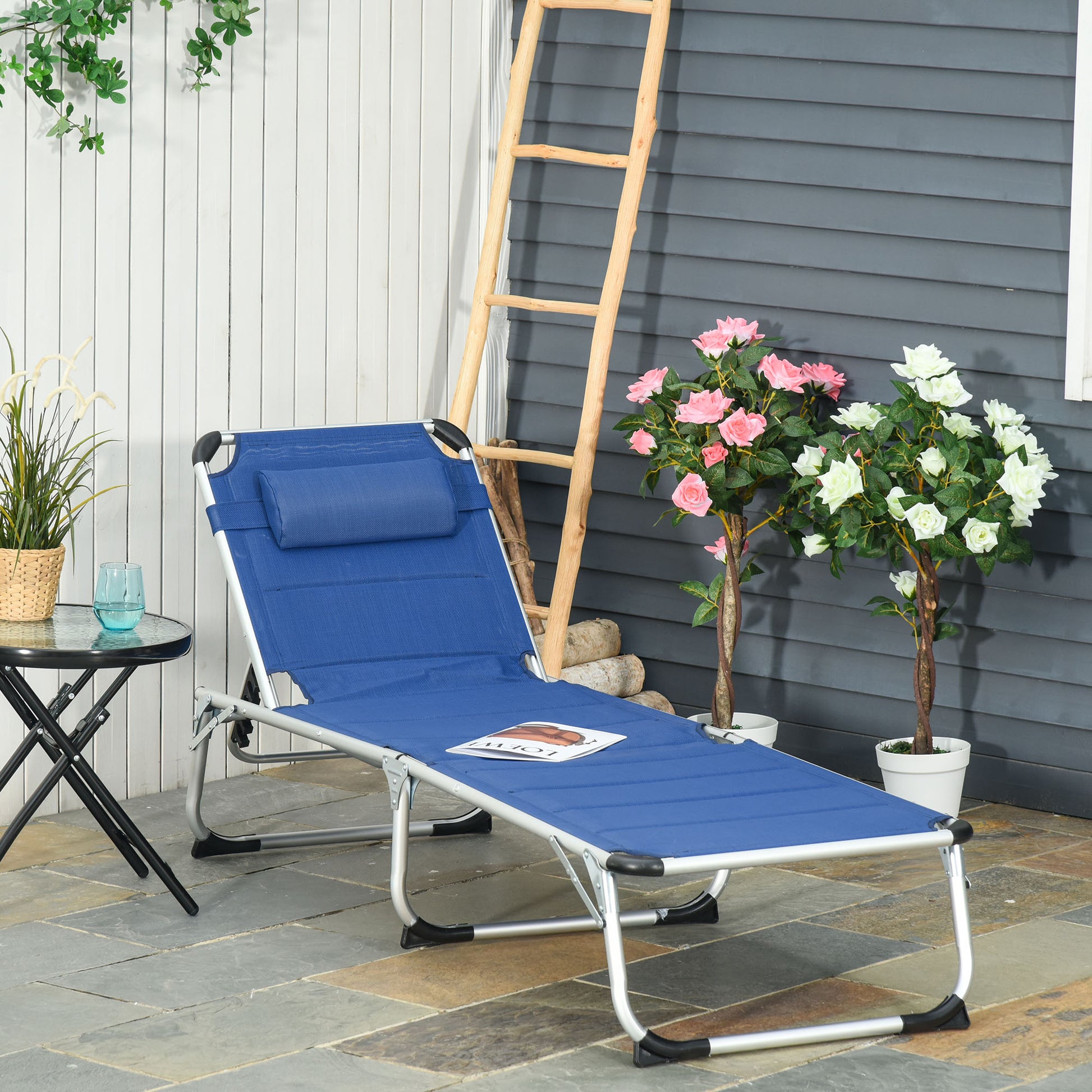 Foldable Sun Lounger with Adjustable Reclining Backrest, Quilting, Removable Headrest Aluminum Textilene Blue