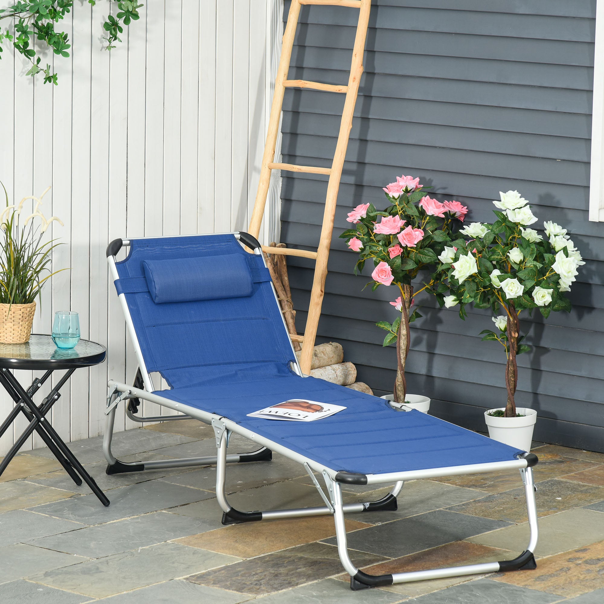 Foldable Sun Lounger with Adjustable Reclining Backrest, Quilting, Removable Headrest Aluminum Textilene Blue