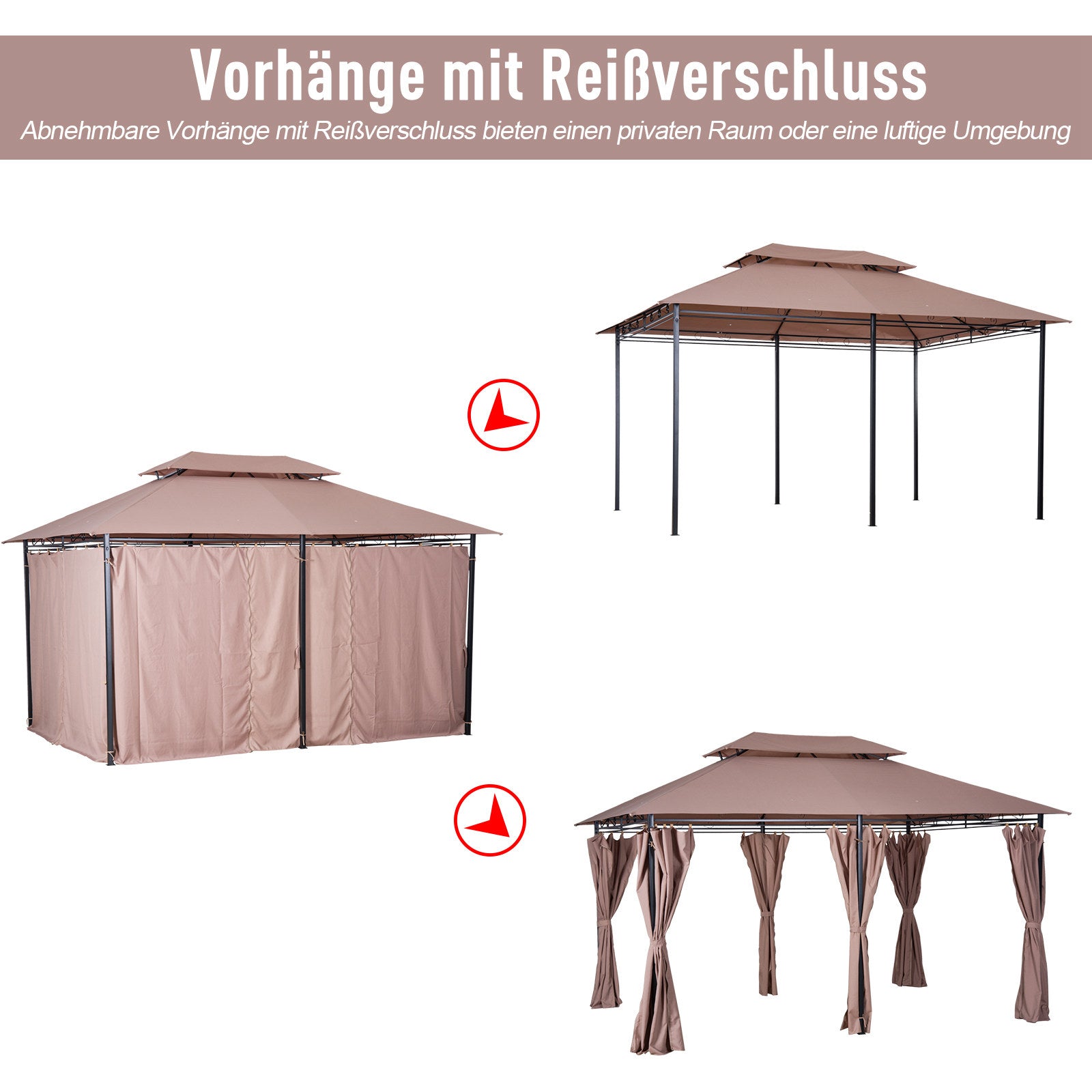 Pavilion 3x4m Garden Pavilion with 6 Side Panels Party Tent Garden Tent Marquee with Double Roof Khaki