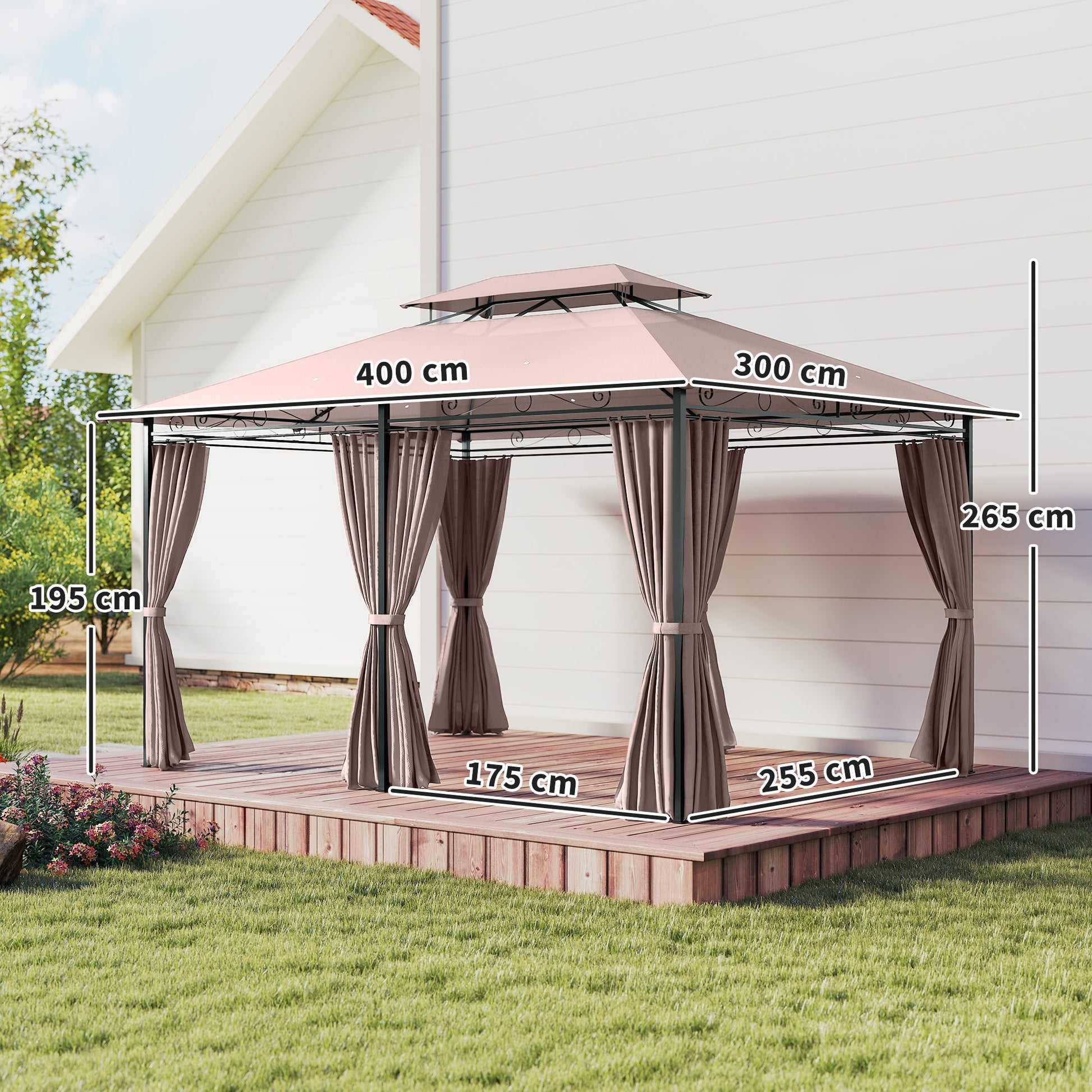 Pavilion 3x4m Garden Pavilion with 6 Side Panels Party Tent Garden Tent Marquee with Double Roof Khaki