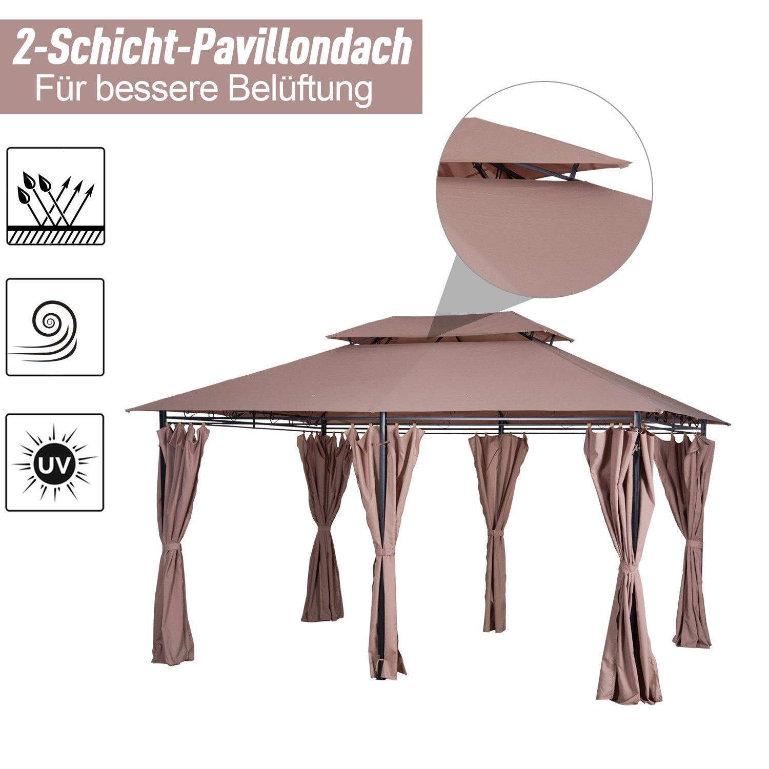 Pavilion 3x4m Garden Pavilion with 6 Side Panels Party Tent Garden Tent Marquee with Double Roof Khaki