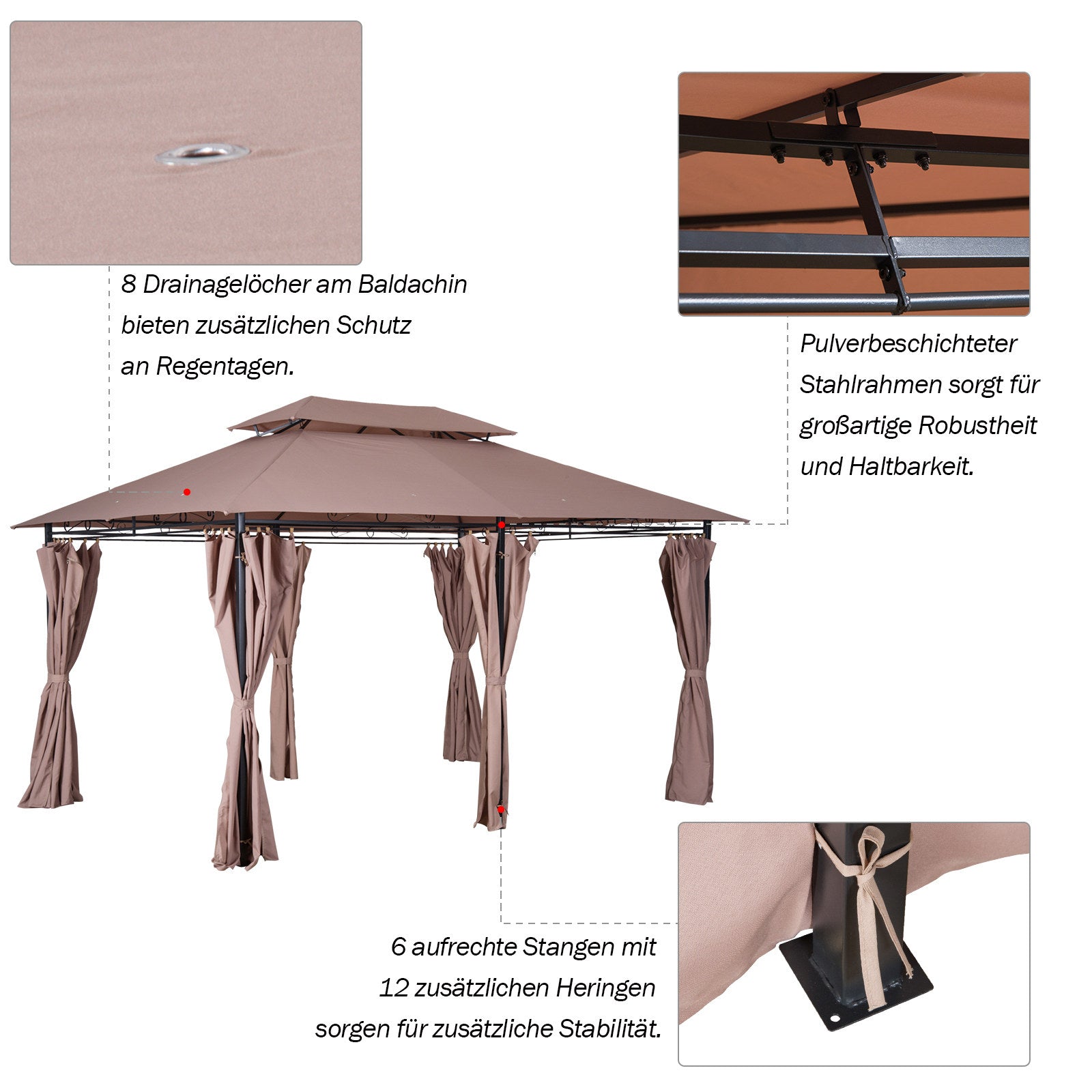 Pavilion 3x4m Garden Pavilion with 6 Side Panels Party Tent Garden Tent Marquee with Double Roof Khaki