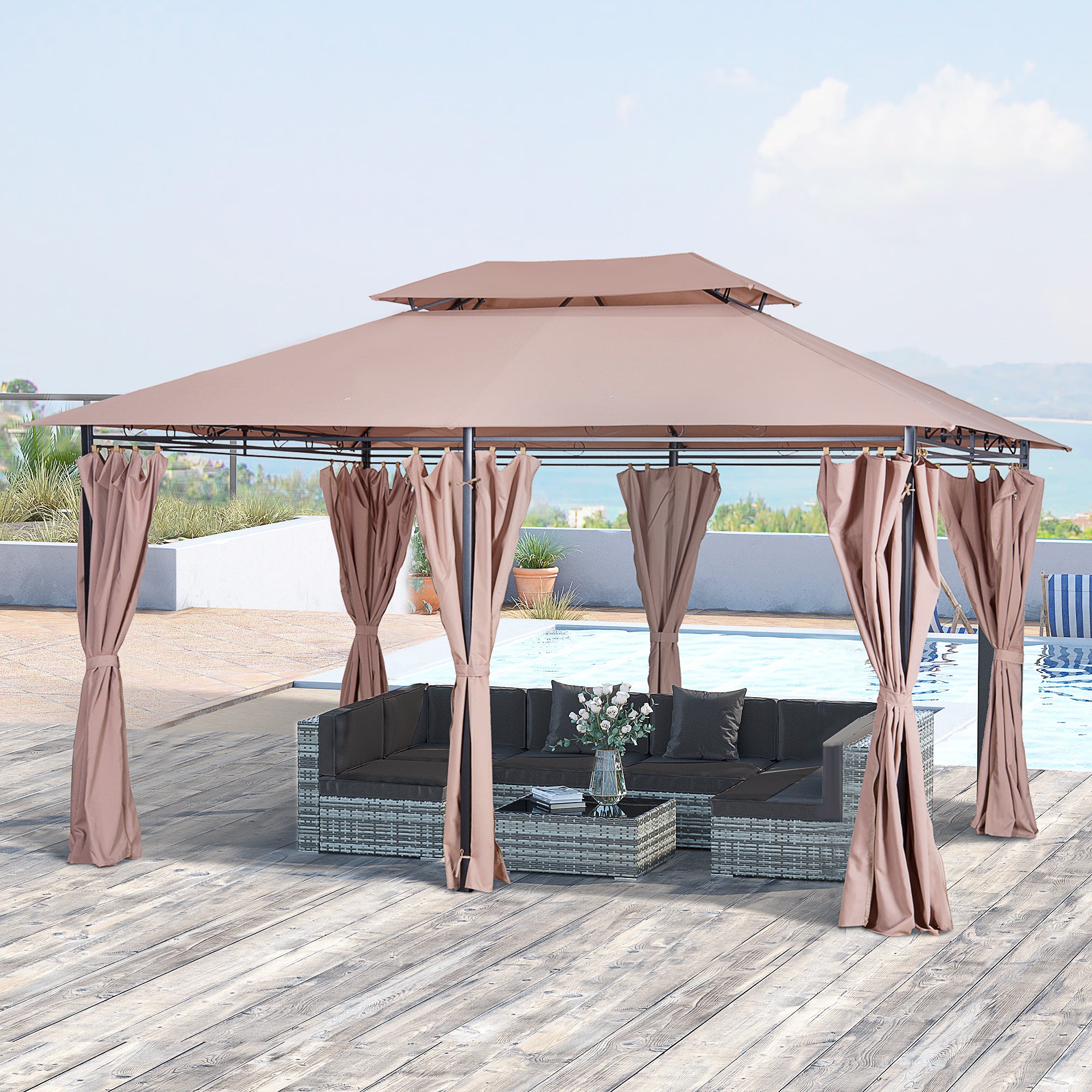 Pavilion 3x4m Garden Pavilion with 6 Side Panels Party Tent Garden Tent Marquee with Double Roof Khaki