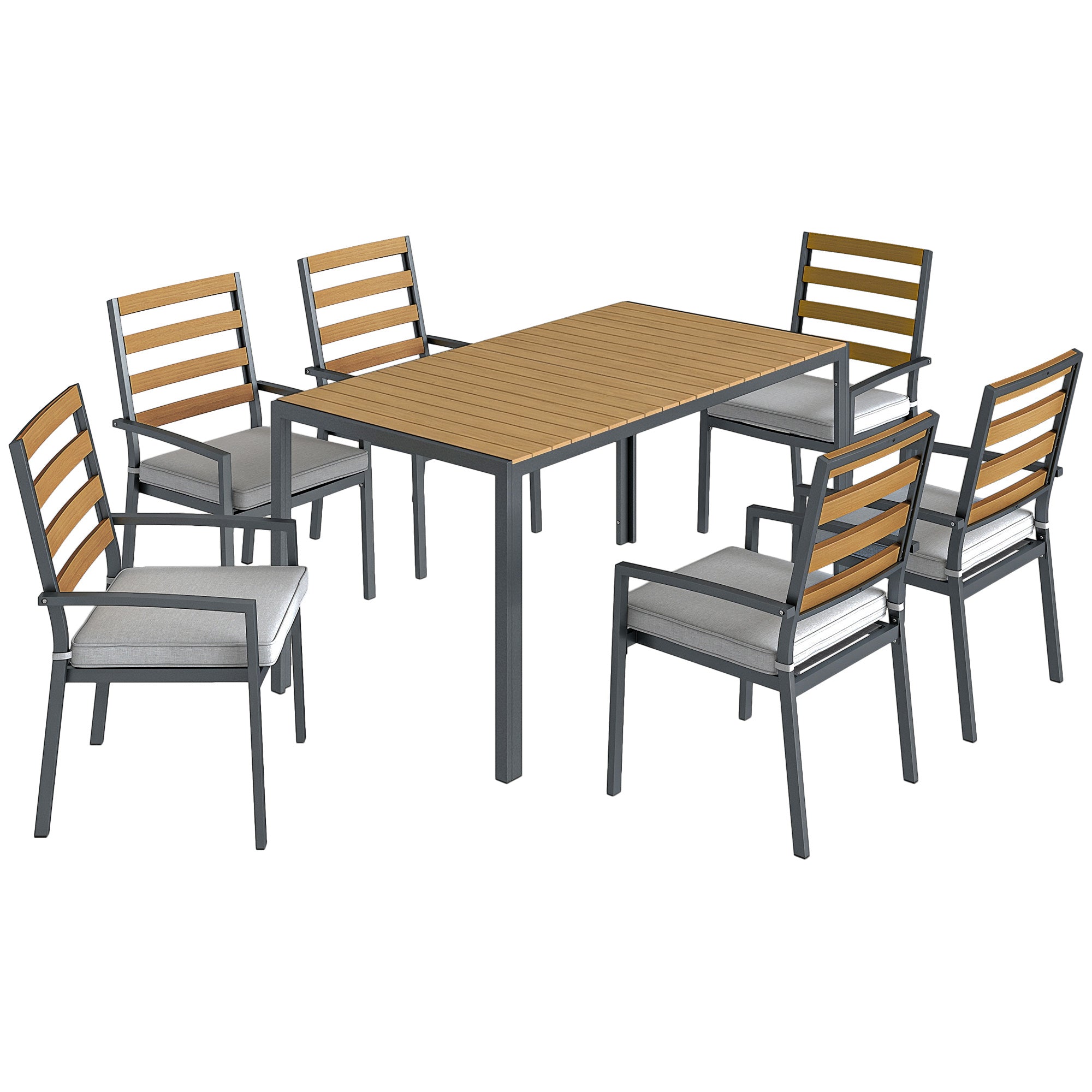 7-Piece Outdoor Dining Set — 1 Table & 6 Cushioned Chairs, Natural Wood Finish