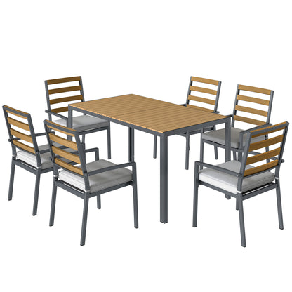 7-Piece Outdoor Dining Set — 1 Table & 6 Cushioned Chairs, Natural Wood Finish