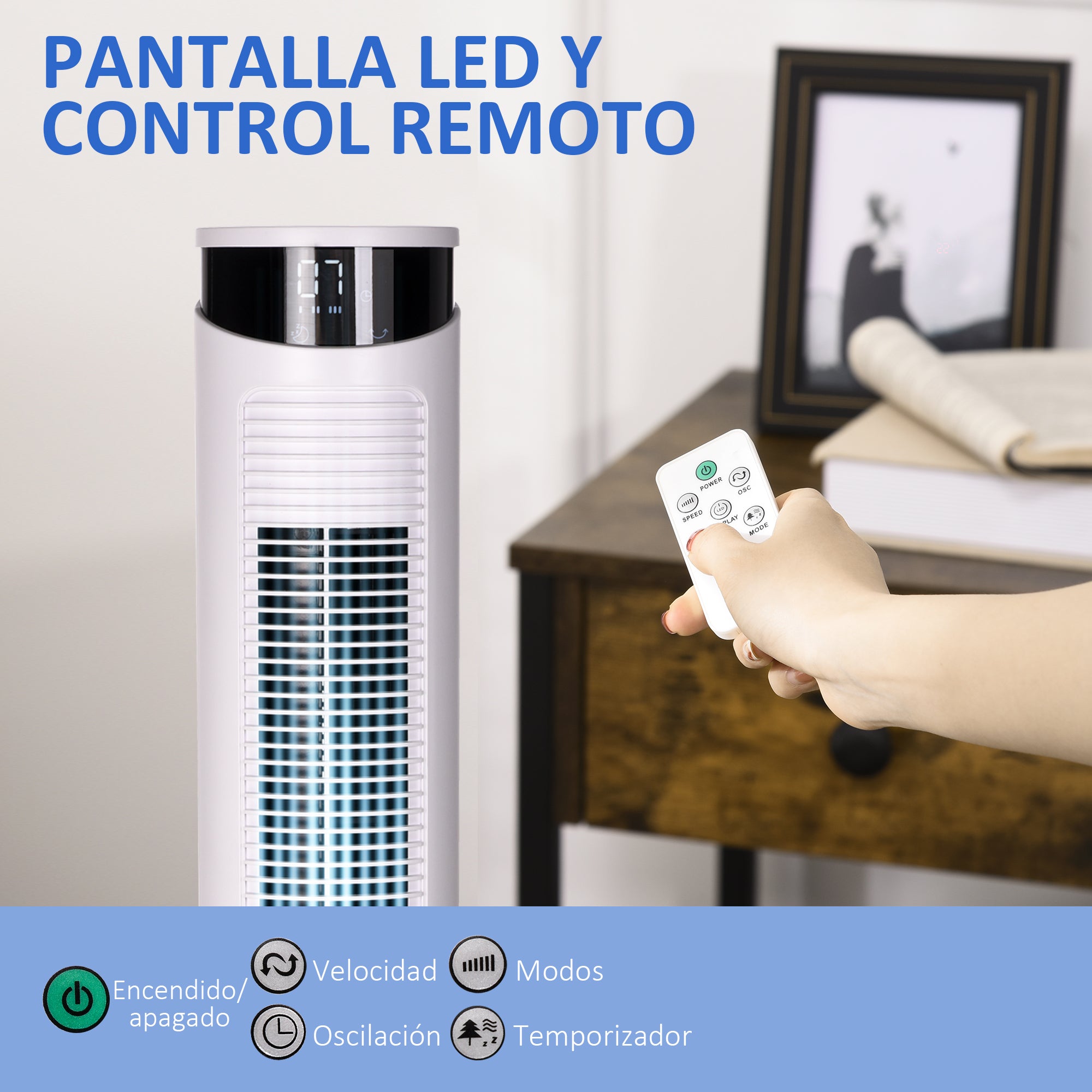 Tower Fan Low Energy Oscillating 45W with Remote Control 12h Timer 3 Speeds 3 Modes LED Display and Transport Handle for Bedroom Ø31.5x93 cm White