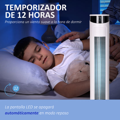 Tower Fan Low Energy Oscillating 45W with Remote Control 12h Timer 3 Speeds 3 Modes LED Display and Transport Handle for Bedroom Ø31.5x93 cm White