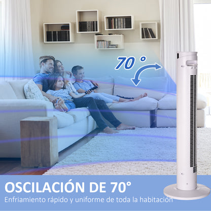 Tower Fan Low Energy Oscillating 45W with Remote Control 12h Timer 3 Speeds 3 Modes LED Display and Transport Handle for Bedroom Ø31.5x93 cm White