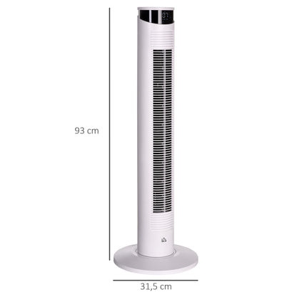 Tower Fan Low Energy Oscillating 45W with Remote Control 12h Timer 3 Speeds 3 Modes LED Display and Transport Handle for Bedroom Ø31.5x93 cm White