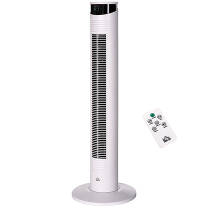 Tower Fan Low Energy Oscillating 45W with Remote Control 12h Timer 3 Speeds 3 Modes LED Display and Transport Handle for Bedroom Ø31.5x93 cm White