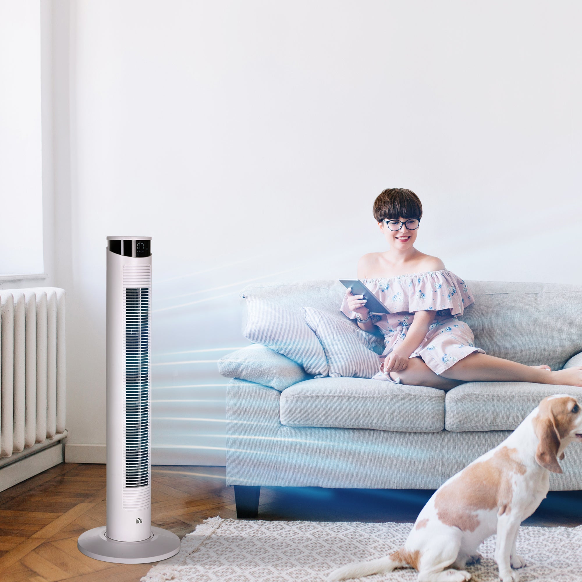 Tower Fan Low Energy Oscillating 45W with Remote Control 12h Timer 3 Speeds 3 Modes LED Display and Transport Handle for Bedroom Ø31.5x93 cm White