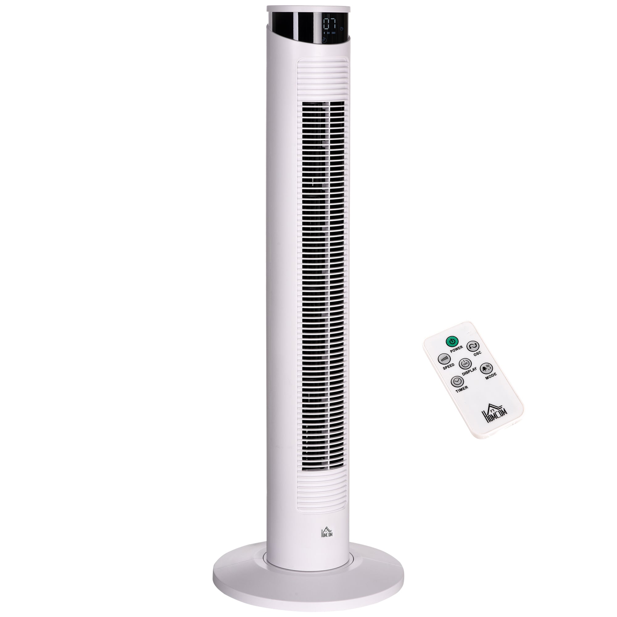 Tower Fan Low Energy Oscillating 45W with Remote Control 12h Timer 3 Speeds 3 Modes LED Display and Transport Handle for Bedroom Ø31.5x93 cm White