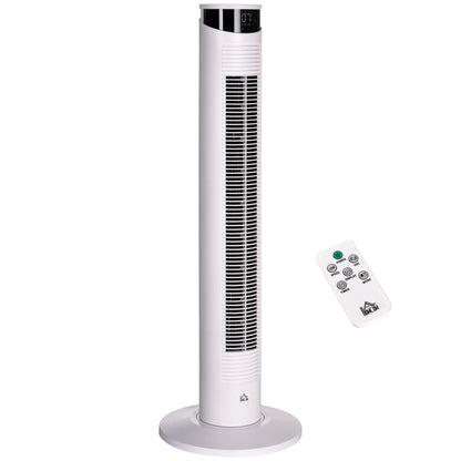 Tower Fan Low Energy Oscillating 45W with Remote Control 12h Timer 3 Speeds 3 Modes LED Display and Transport Handle for Bedroom Ø31.5x93 cm White