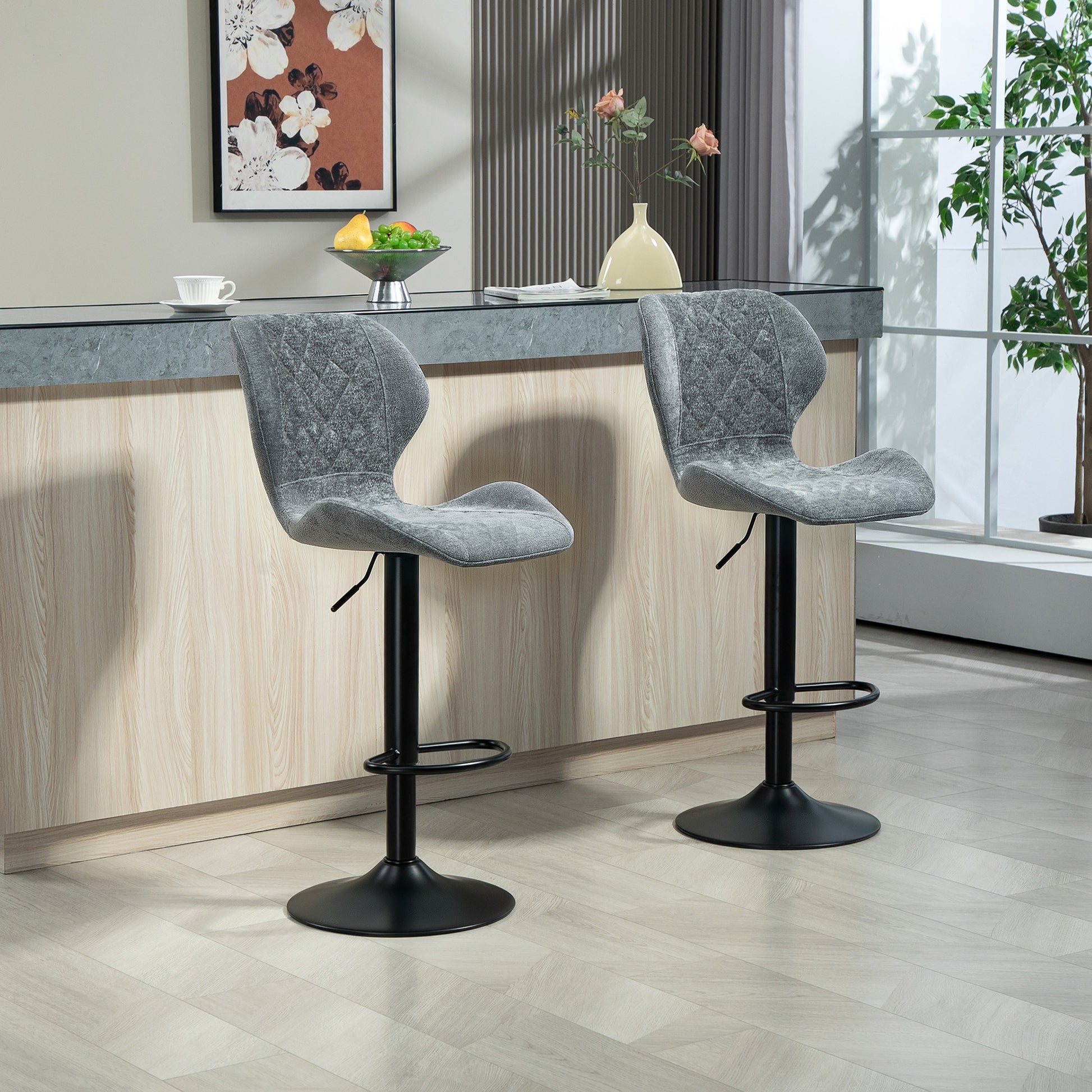 Bar Stools Set of 2, Swivel Height Adjustable Bar Chairs with Chenille Look, Upholstered Kitchen Chairs with Backrest and Footrest Counter Stools for Kitchen, Steel Dark Grey