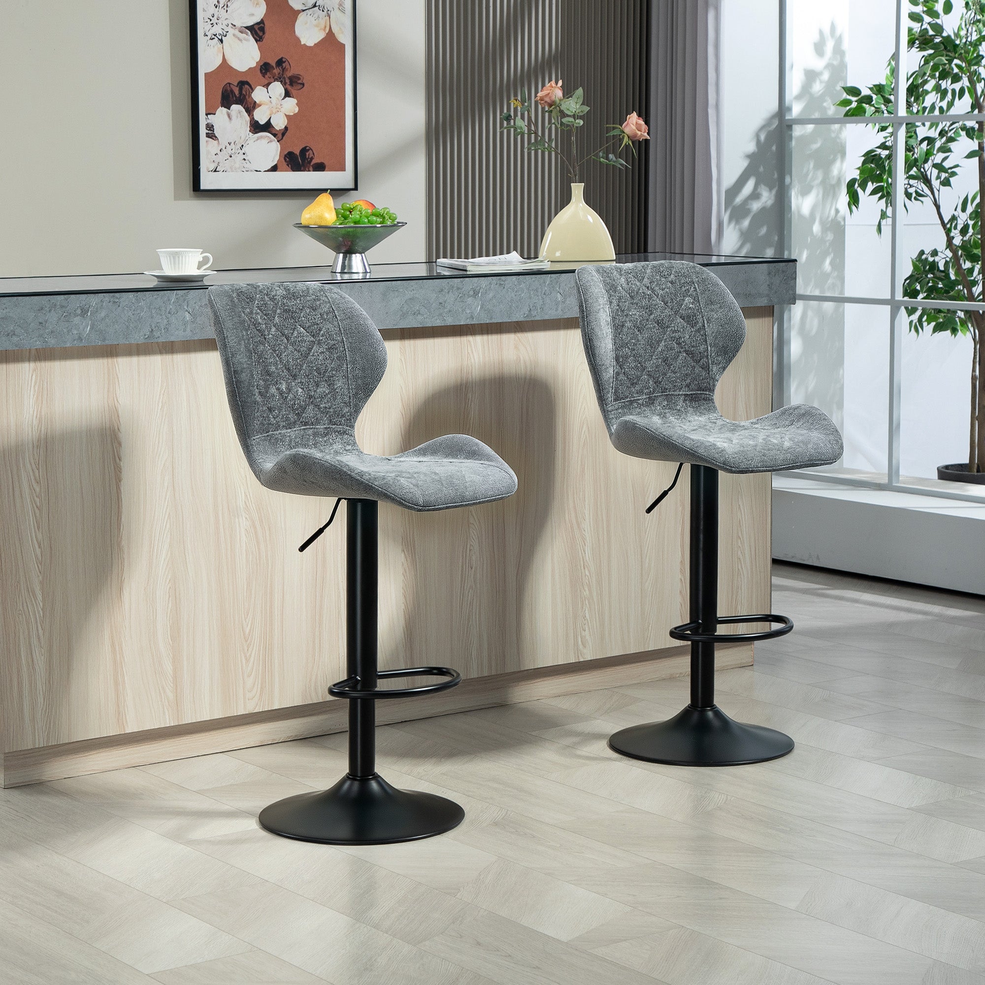 Bar Stools Set of 2, Swivel Height Adjustable Bar Chairs with Chenille Look, Upholstered Kitchen Chairs with Backrest and Footrest Counter Stools for Kitchen, Steel Dark Grey
