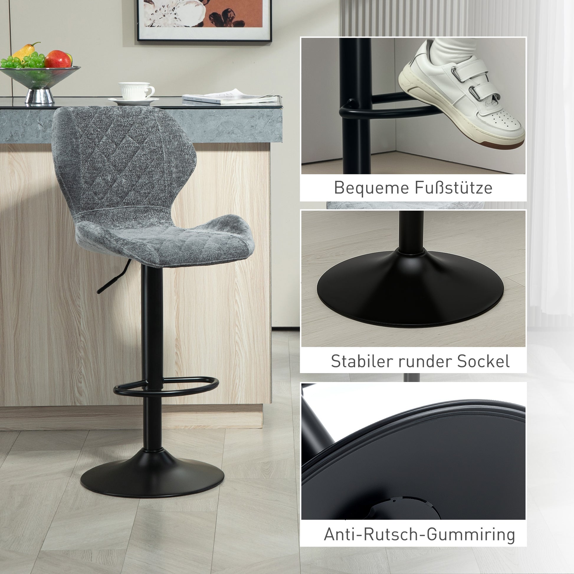 Bar Stools Set of 2, Swivel Height Adjustable Bar Chairs with Chenille Look, Upholstered Kitchen Chairs with Backrest and Footrest Counter Stools for Kitchen, Steel Dark Grey