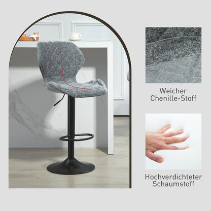 Bar Stools Set of 2, Swivel Height Adjustable Bar Chairs with Chenille Look, Upholstered Kitchen Chairs with Backrest and Footrest Counter Stools for Kitchen, Steel Dark Grey