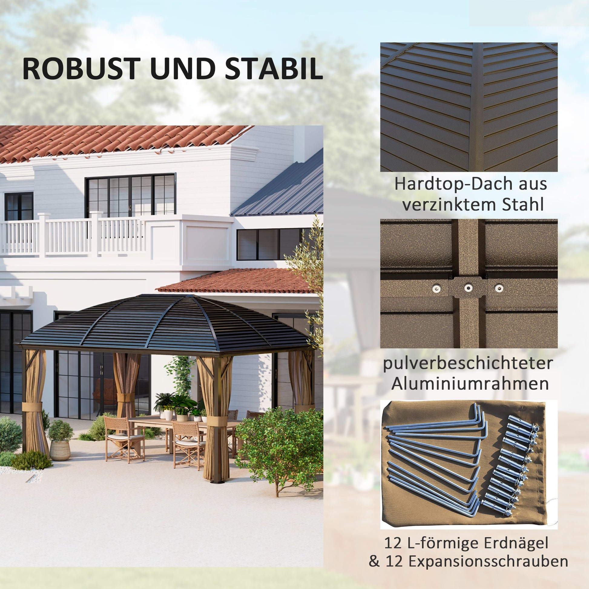 Pavilion with Hardtop, 4x3 m Waterproof Stable Winterproof Garden Pavilion with Mosquito Net, Hooks, Side Panels, Curved Roof, Aluminum Garden Pavilion, for Garden, Terrace, Brown