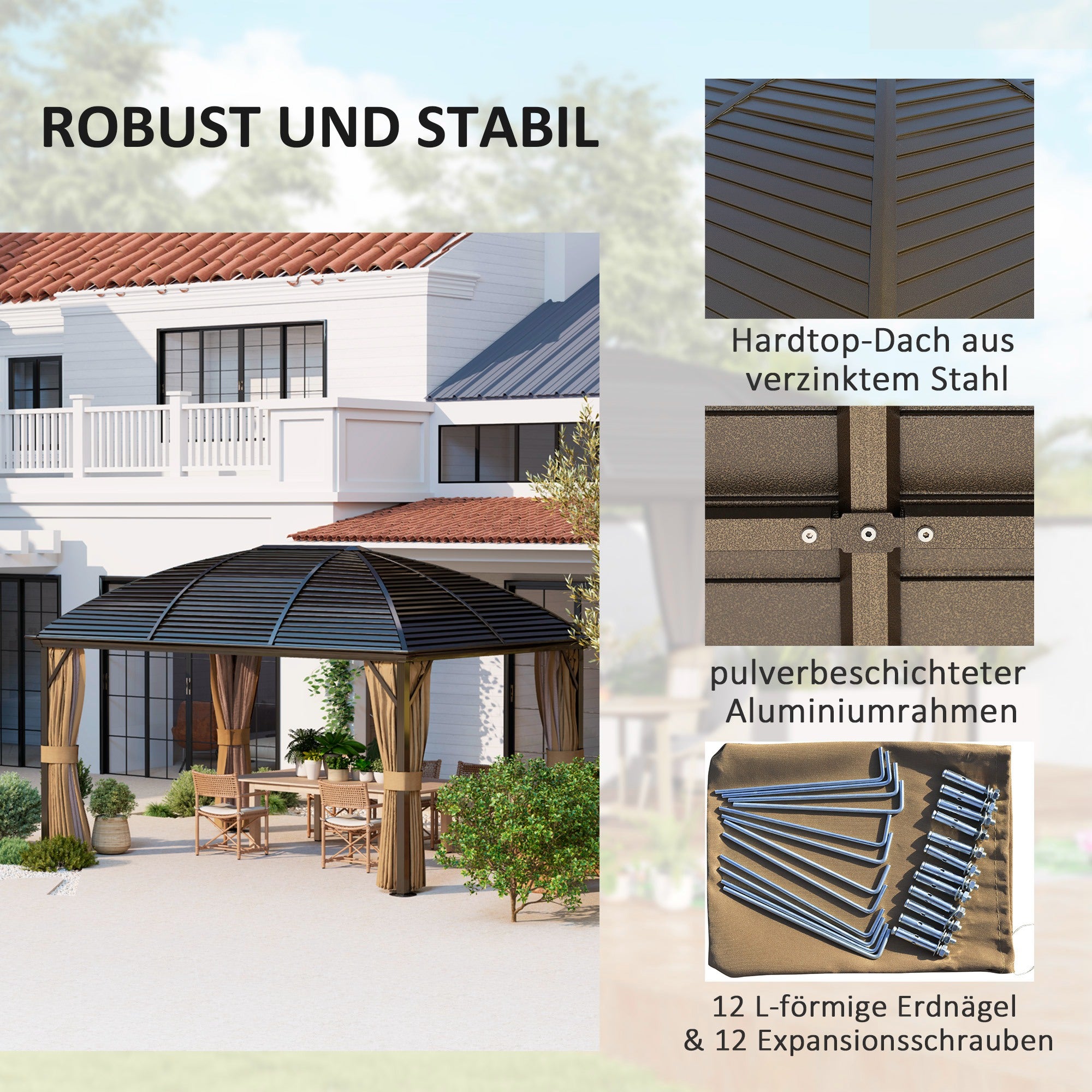 Pavilion with Hardtop, 4x3 m Waterproof Stable Winterproof Garden Pavilion with Mosquito Net, Hooks, Side Panels, Curved Roof, Aluminum Garden Pavilion, for Garden, Terrace, Brown
