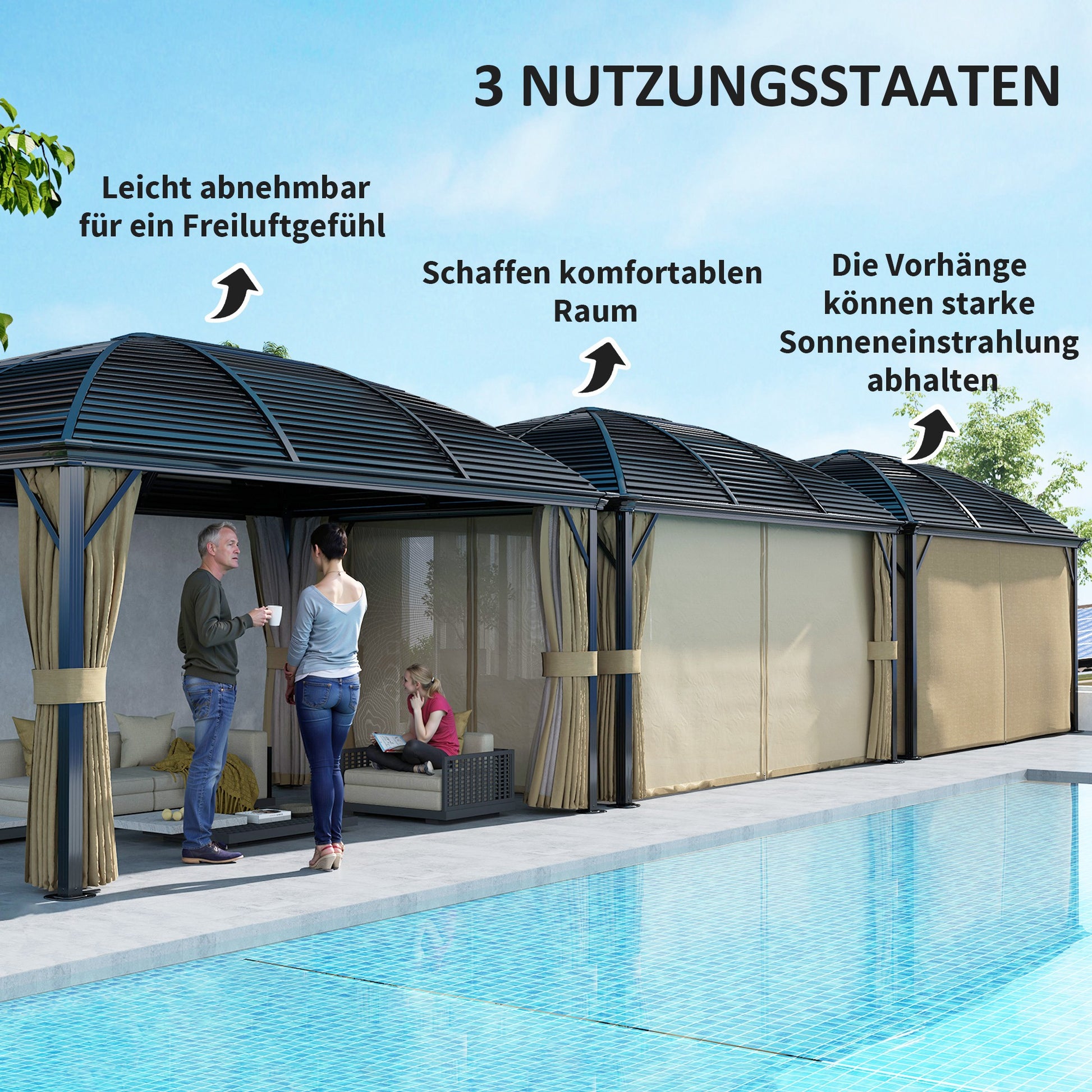 Pavilion with Hardtop, 4x3 m Waterproof Stable Winterproof Garden Pavilion with Mosquito Net, Hooks, Side Panels, Curved Roof, Aluminum Garden Pavilion, for Garden, Terrace, Brown