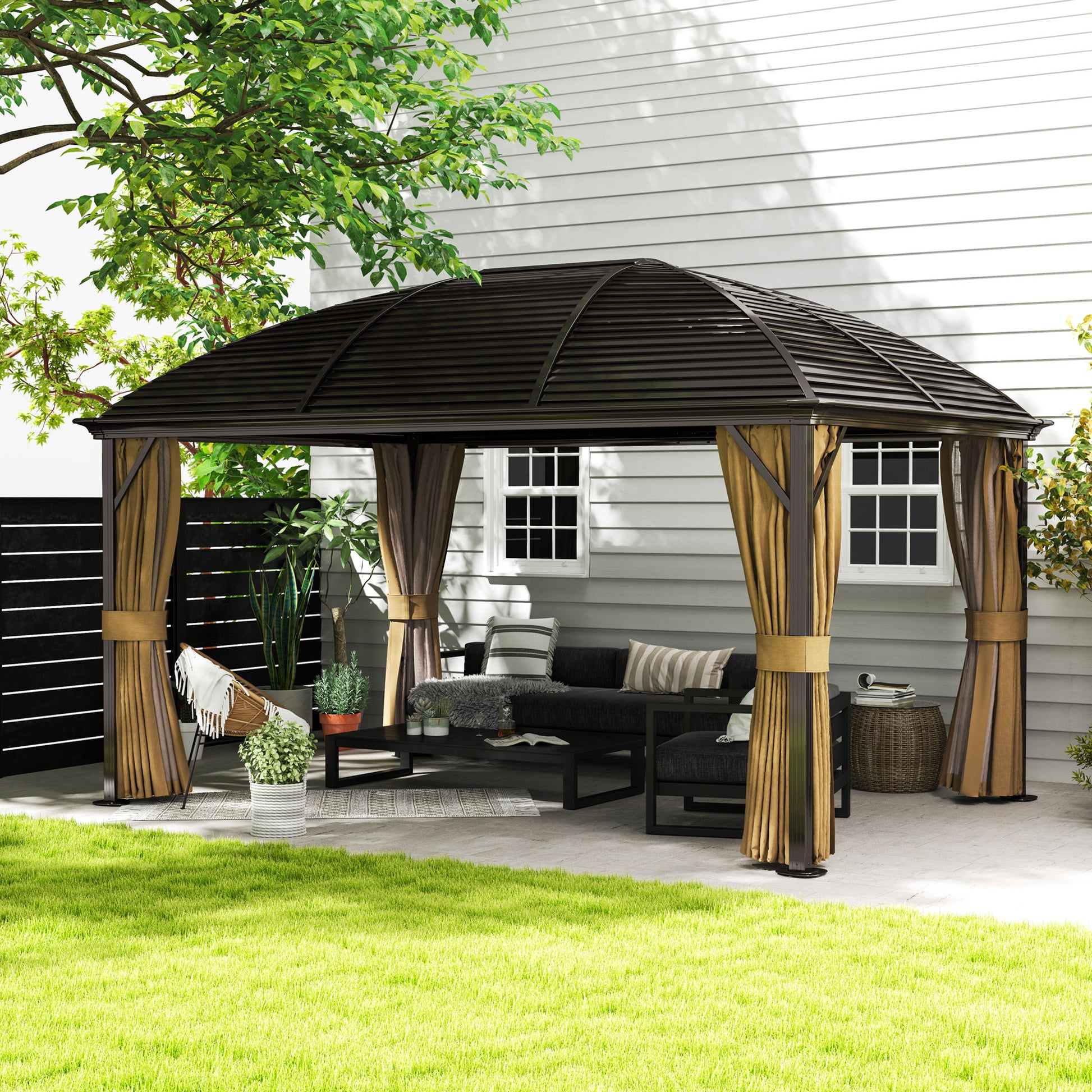 Pavilion with Hardtop, 4x3 m Waterproof Stable Winterproof Garden Pavilion with Mosquito Net, Hooks, Side Panels, Curved Roof, Aluminum Garden Pavilion, for Garden, Terrace, Brown