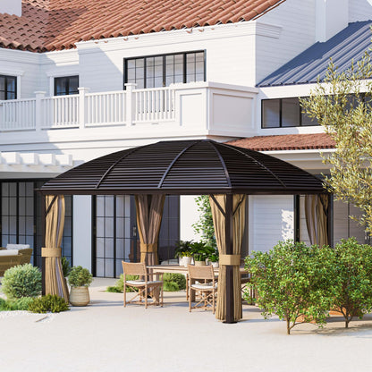 Pavilion with Hardtop, 4x3 m Waterproof Stable Winterproof Garden Pavilion with Mosquito Net, Hooks, Side Panels, Curved Roof, Aluminum Garden Pavilion, for Garden, Terrace, Brown