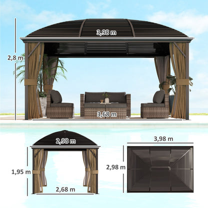 Pavilion with Hardtop, 4x3 m Waterproof Stable Winterproof Garden Pavilion with Mosquito Net, Hooks, Side Panels, Curved Roof, Aluminum Garden Pavilion, for Garden, Terrace, Brown