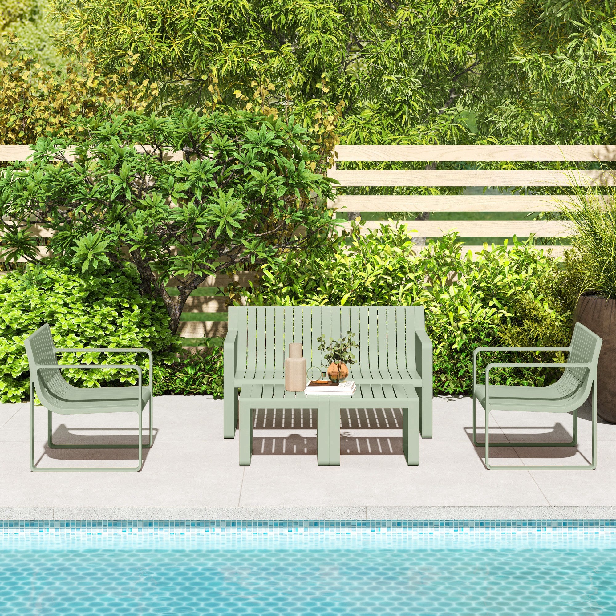 5-Piece Garden Set with Loveseat, 2 Armchairs, and 2 Tables, Polypropylene Outdoor Set, Waterproof and UV-Resistant, Green