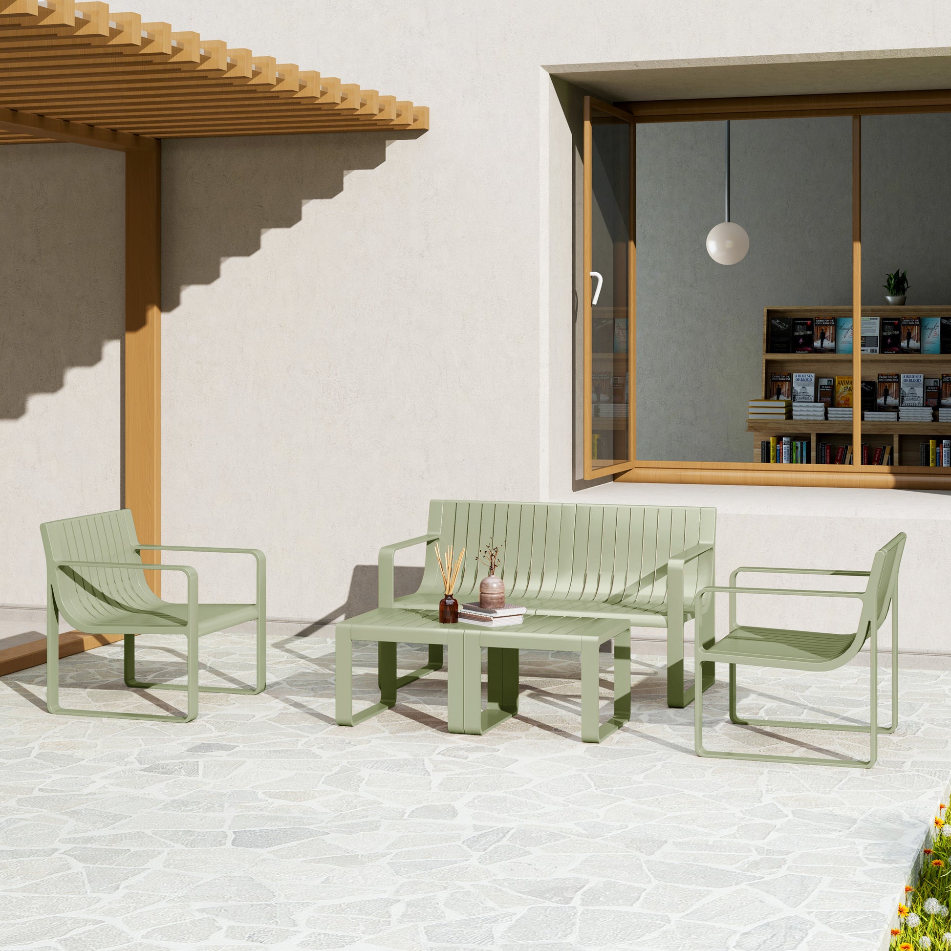 5-Piece Garden Set with Loveseat, 2 Armchairs, and 2 Tables, Polypropylene Outdoor Set, Waterproof and UV-Resistant, Green