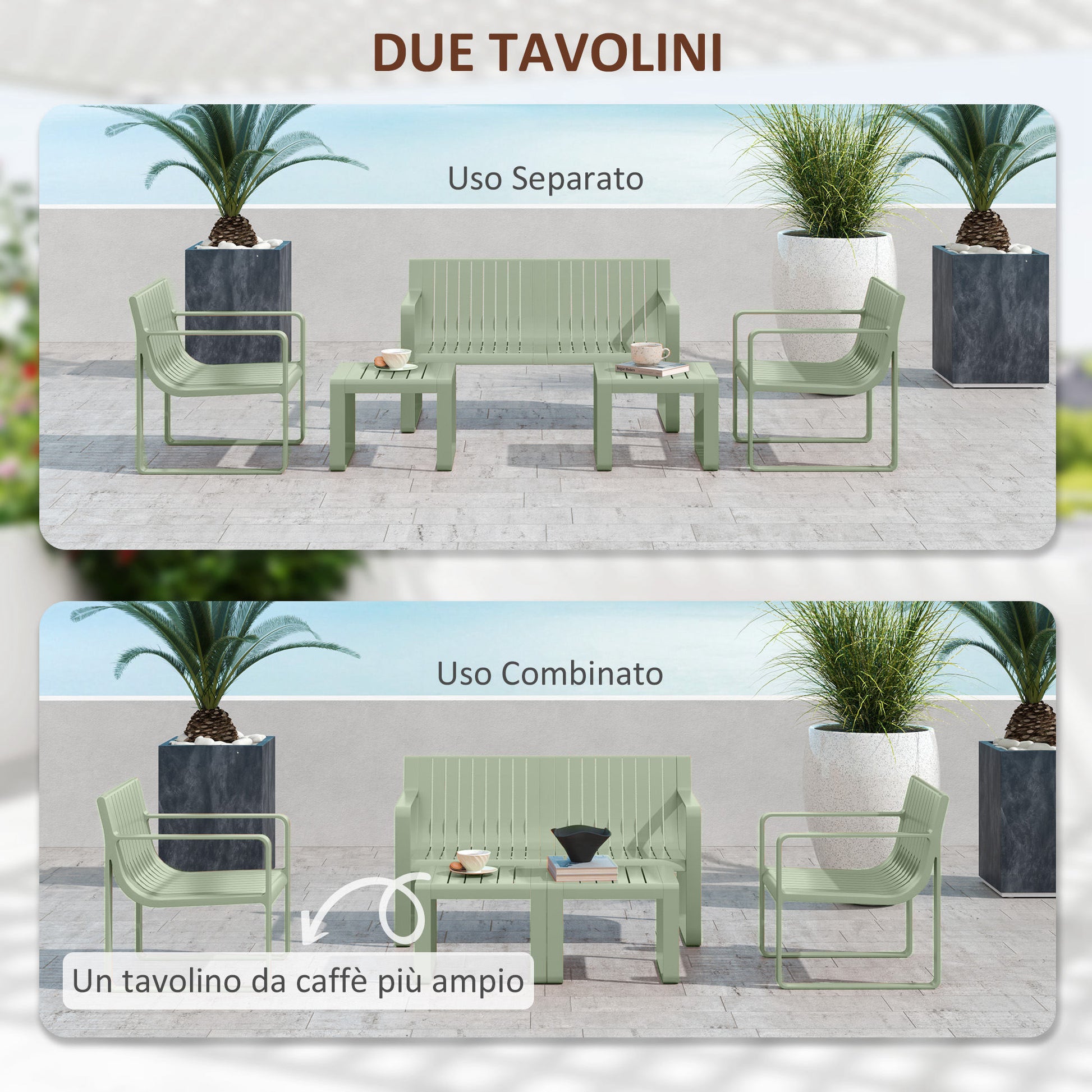 5-Piece Garden Set with Loveseat, 2 Armchairs, and 2 Tables, Polypropylene Outdoor Set, Waterproof and UV-Resistant, Green