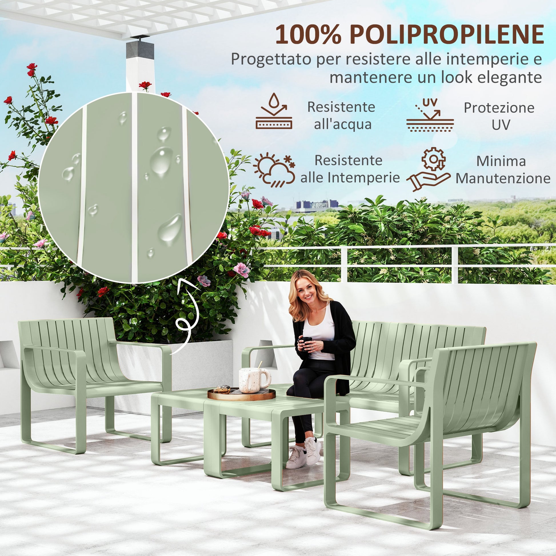 5-Piece Garden Set with Loveseat, 2 Armchairs, and 2 Tables, Polypropylene Outdoor Set, Waterproof and UV-Resistant, Green