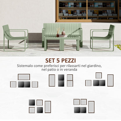 5-Piece Garden Set with Loveseat, 2 Armchairs, and 2 Tables, Polypropylene Outdoor Set, Waterproof and UV-Resistant, Green