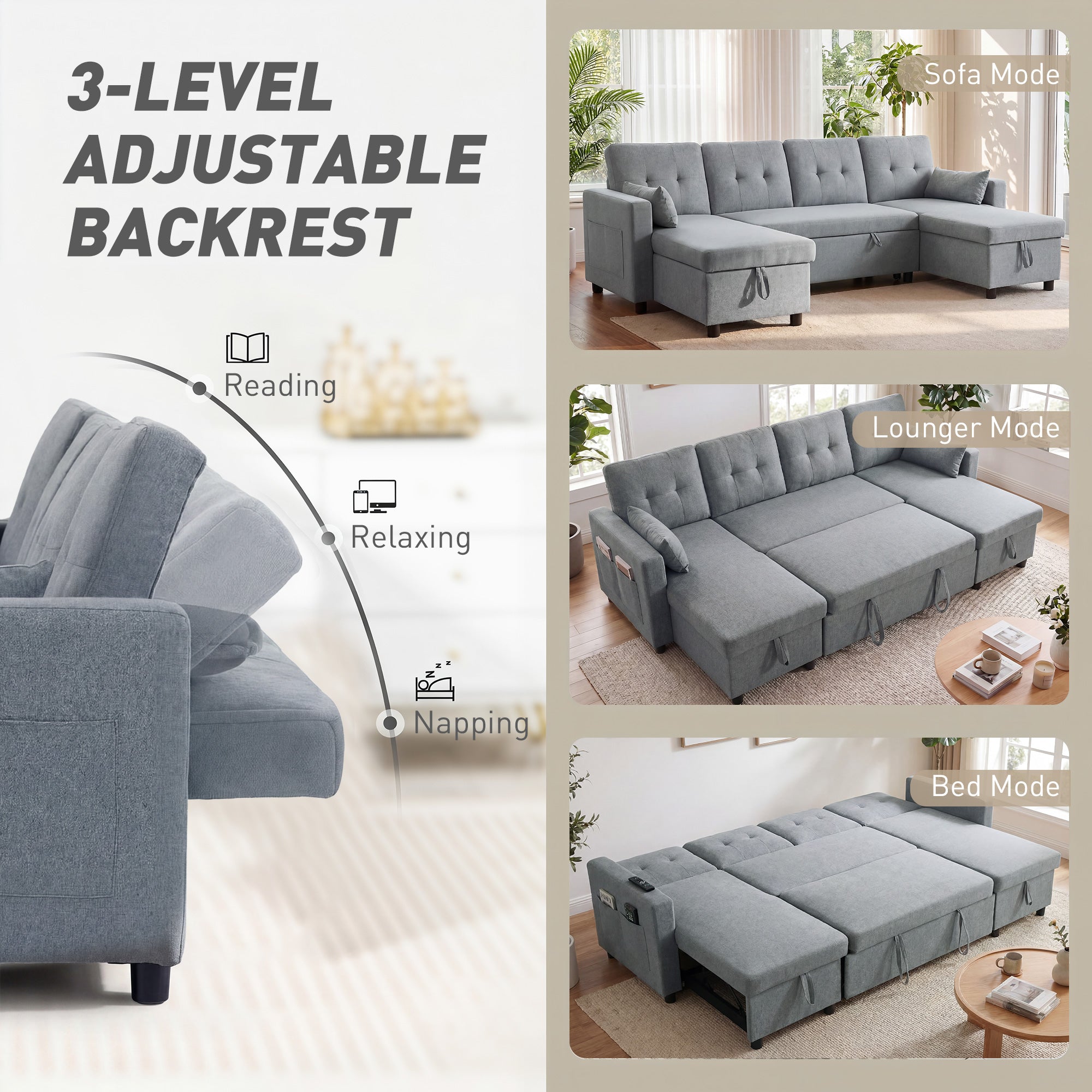 U-Shaped 4-Seater Sectional Sofa Bed with Storage — 3-in-1 Convertible Couch with Chaise, Adjustable Backrests, Linen-Look, Gray