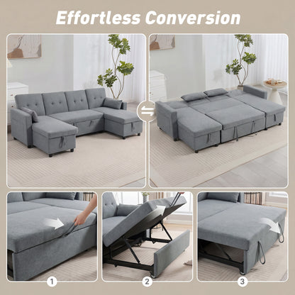 U-Shaped 4-Seater Sectional Sofa Bed with Storage — 3-in-1 Convertible Couch with Chaise, Adjustable Backrests, Linen-Look, Gray