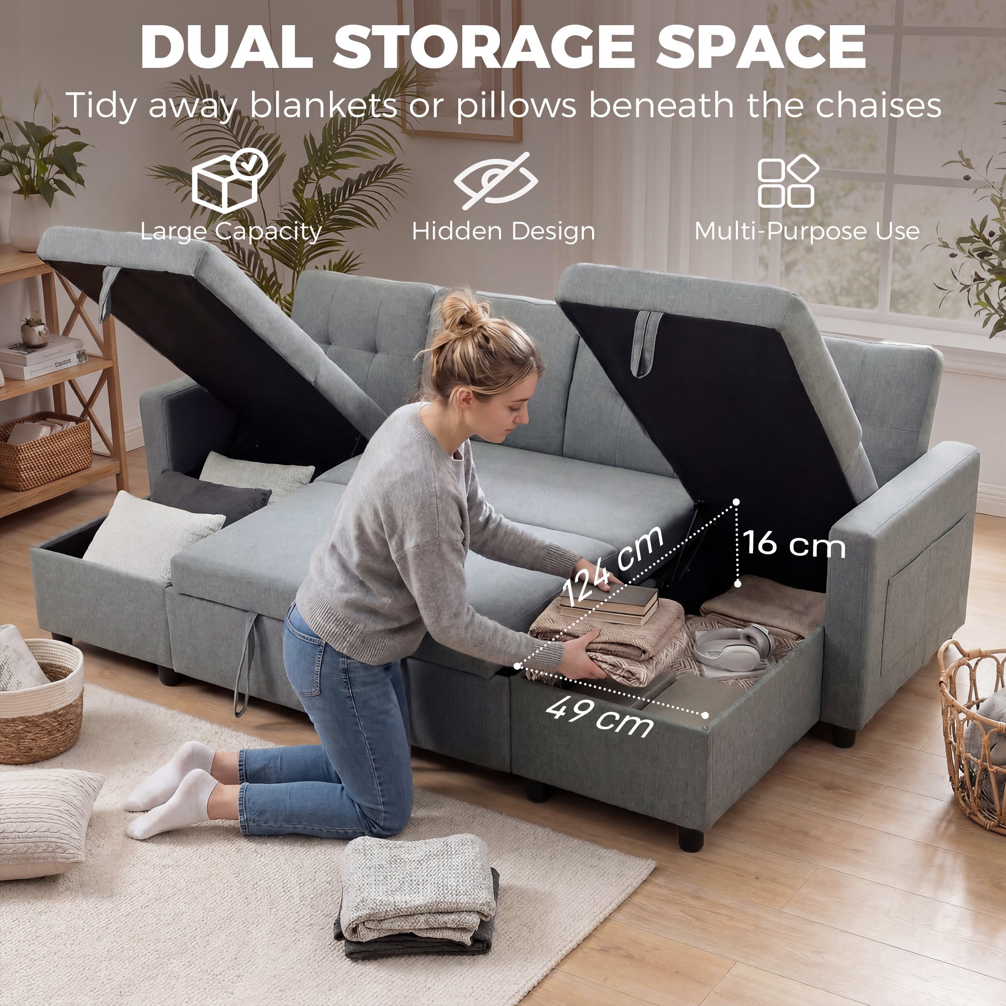 U-Shaped 4-Seater Sectional Sofa Bed with Storage — 3-in-1 Convertible Couch with Chaise, Adjustable Backrests, Linen-Look, Gray