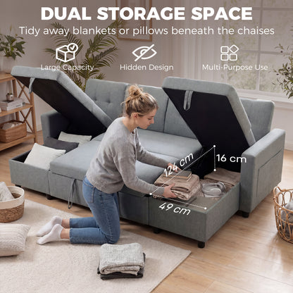 U-Shaped 4-Seater Sectional Sofa Bed with Storage — 3-in-1 Convertible Couch with Chaise, Adjustable Backrests, Linen-Look, Gray