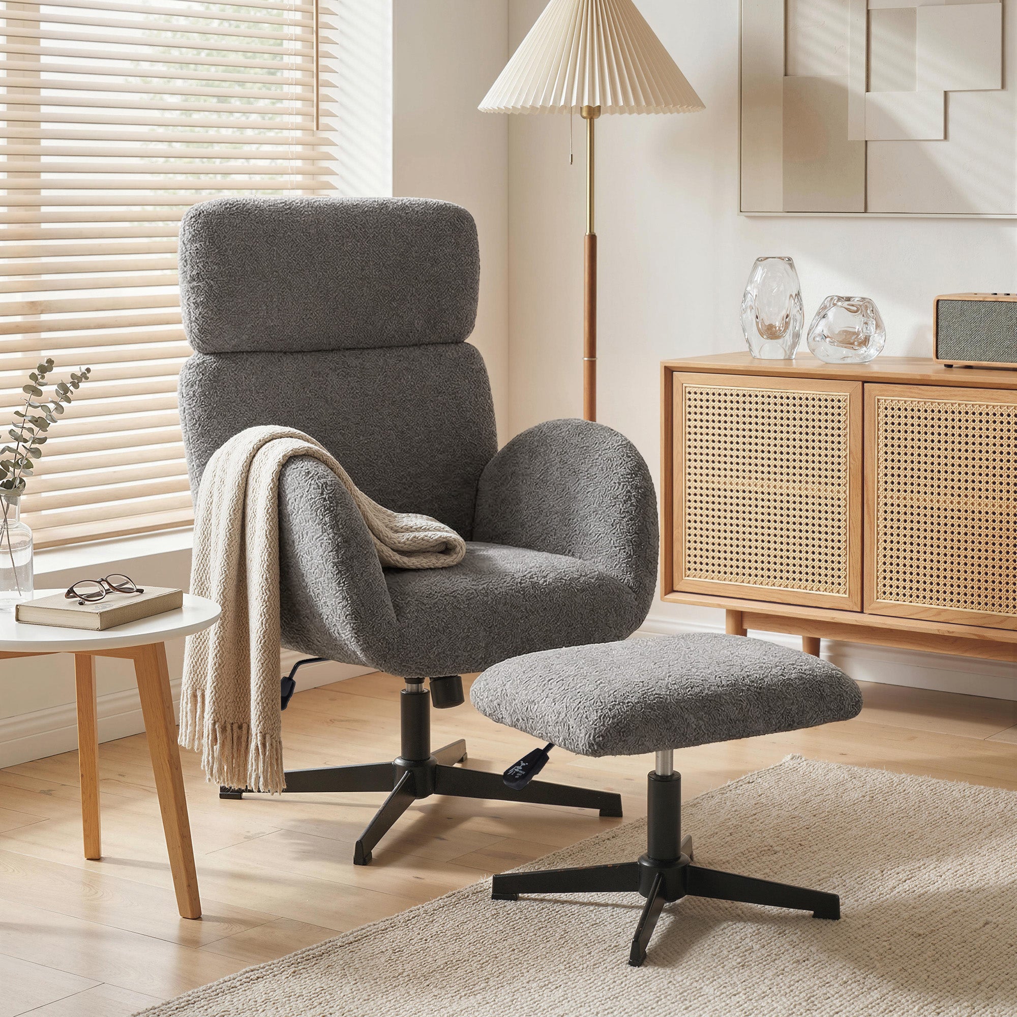 Swivel Recliner with Ottoman, Velvet-Look Textured Upholstery, Adjustable Headrest & Height, Tilt Function, Living Room Armchair, Gray