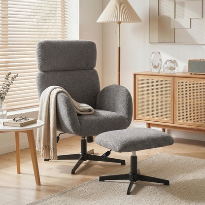 Swivel Recliner with Ottoman, Velvet-Look Textured Upholstery, Adjustable Headrest & Height, Tilt Function, Living Room Armchair, Gray